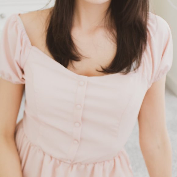 Heart Neck Smocking Detail Flare Hem Woven Top - Picture 6 of 8